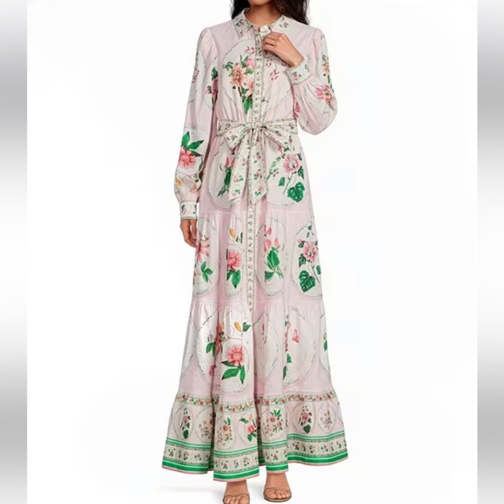 A Loves A Floral Print Collared Neck Long Sleeve A-Line Hem Button Maxi Dress
